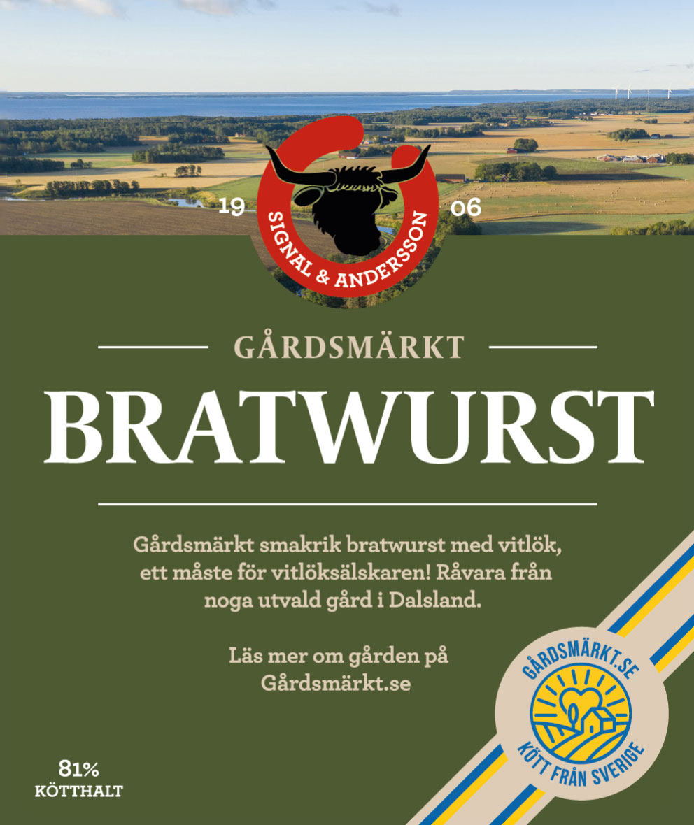 Gårdsmärkt etikett Bratwurst